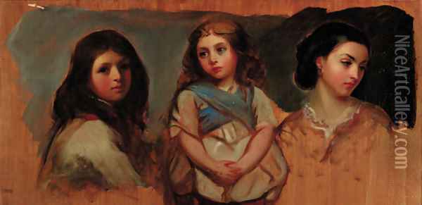 Portrait of three girls Oil Painting - English School