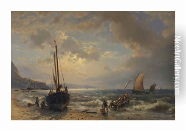 Activities Along The Coast At Sunset Oil Painting - Hermanus Koekkoek the Elder