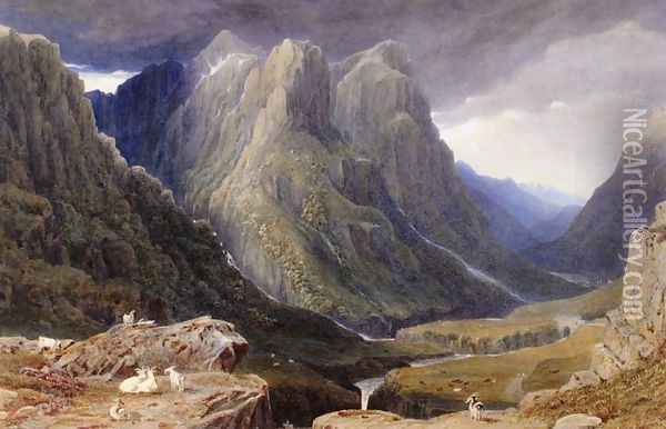 Goats on a Rocky Outcrop above a Highland Glen Oil Painting - George Fennel Robson