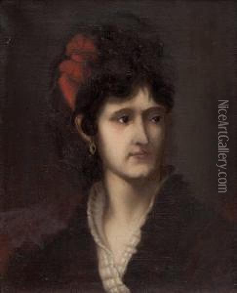 Portrait Einer Dame Mit Roter Masche Im Haar Oil Painting - L. Rudhart