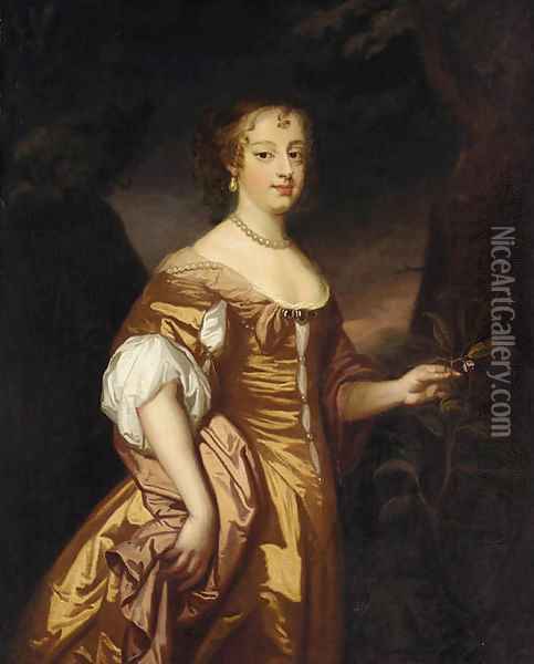 Portrait of a lady, three-quarter-length, in a golden dress Oil Painting - Sir Peter Lely