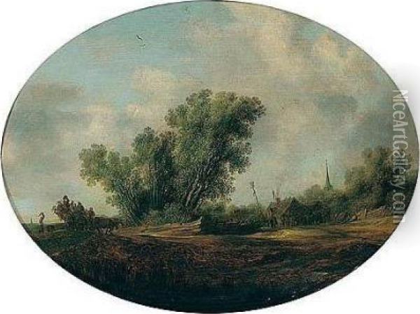 Landscape With A Waggon And Figures Dancing Around A Maypole Oil Painting - Salomon van Ruysdael