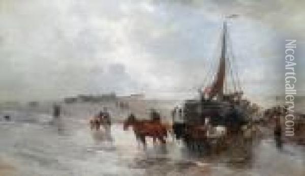 Pescatori Intenti Adisincagliare Una Barca In Olanda Oil Painting - Gregor Von Bochmann