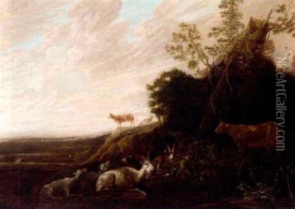 A Landscape With Cattle In Foreground Oil Painting - Franz (Francois) Ryckhals