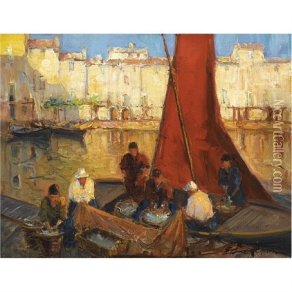 In The Harbour Oil Painting - Georgi Alexandrovich Lapchine