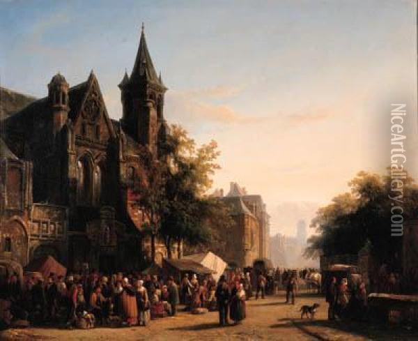Numerous Townsfolk At The Market On The Church Square Oil Painting - Cornelis Springer