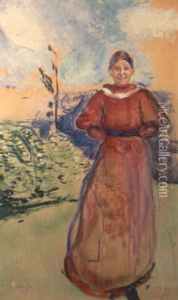 Girl In Red Dress (inger Munch) Oil Painting - Edvard Munch