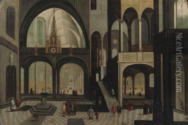 The Interior Of A Gothic Church With Elegant Figures Conversing Oil Painting - Peeter Neeffs the Younger