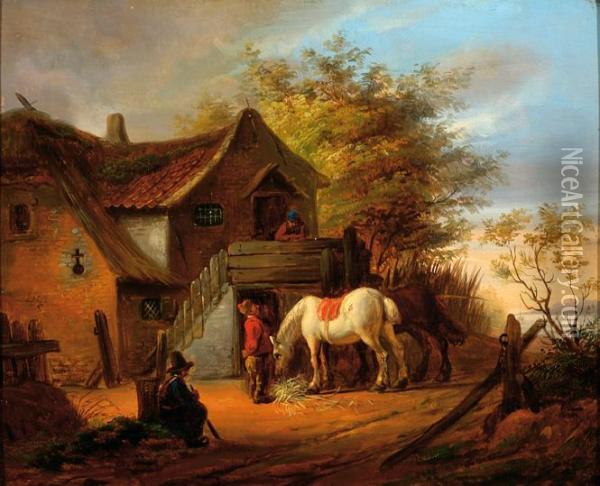 A White Horse And Several Figures By A Farm Oil Painting - Eugene Francois De Block