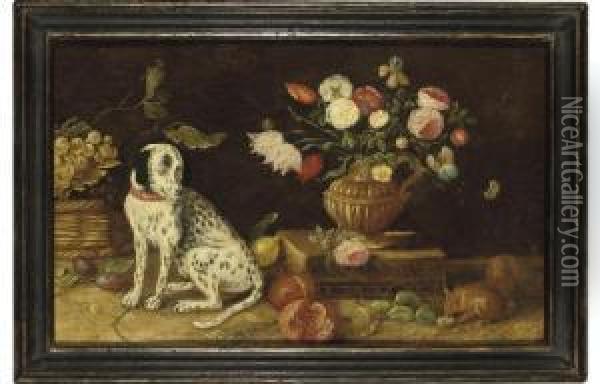 A Dog Seated Next To A Basket Of
 Gooseberries, With Tulips, Irises And Other Flowers In A Classical Urn 
On A Book With Plums, Pomegranates, Greengages, Lemons And A Squirrel Oil Painting - Jan van Kessel