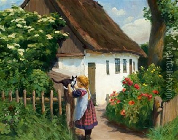 Summer Day In The Village With A Little Girl And A Kitten Oil Painting - Hans Andersen Brendekilde