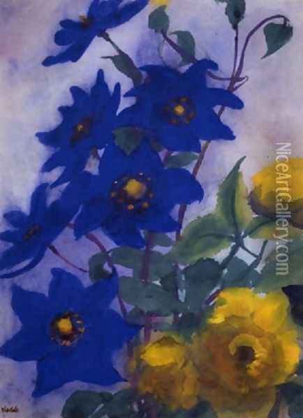 Blue Aquilegia and yellow roses Oil Painting - Emil Nolde