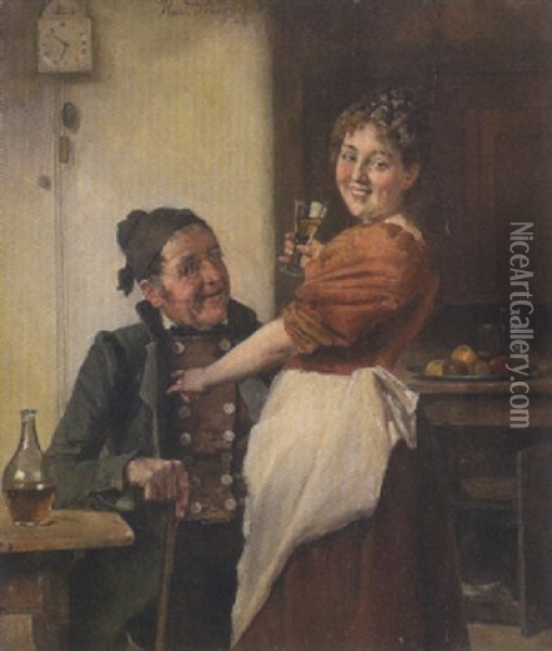 Alter Zecher Und Junge Schankmagd Oil Painting - Heinrich A. Weber