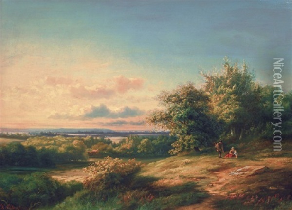 Figures In A Vast Summer Landscape Oil Painting - Hendrik Dirk Kruseman van Elten