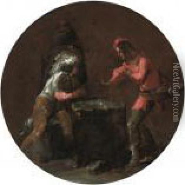 A Cavalier And A Young Peddler Playing Dice, With A Monk Looking On Oil Painting - Leonaert Bramer