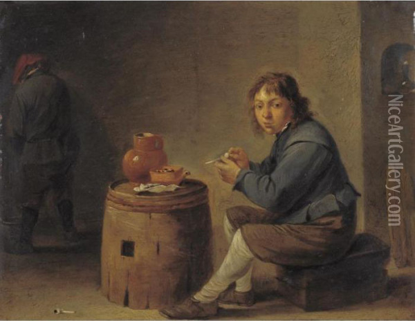 A Young Man Seated Filling His Pipe Oil Painting - David The Younger Teniers