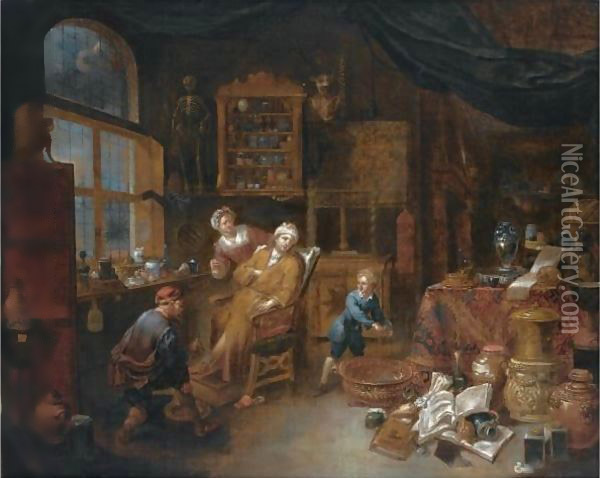 A Doctor's Interior With A Doctor Treating A Patient's Ankle, Together With A Woman Offering A Drink And A Little Boy Nearby Oil Painting - Jan Josef, the Elder Horemans