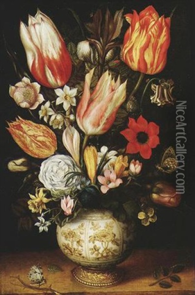 Tulips, Roses, Narcissi, Daffodils, Crocuses, An Iris, A Poppy And Other Flowers In A Gilt-mounted Porcelain Vase, With A Queen Of Spain Fritillary, A White Ermine And A Magpie Butterfly Oil Painting - Christoffel van den Berge