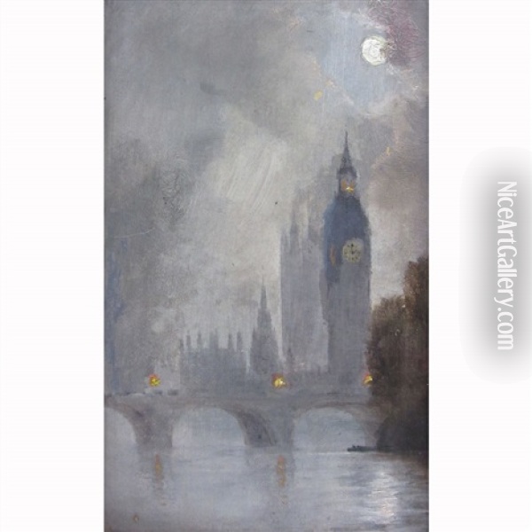Westminster Bridge And Big Ben From The River Thames Oil Painting - George Hyde Pownall