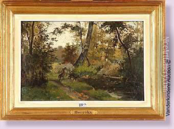 Cerf Et Biche Au Bord Du Ruisseau En Foret Oil Painting - Ernest Hoorickx