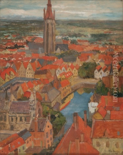 Ansicht Von Brugge, Der Rozenhoedkaai Vom Belfry-turm Aus Gesehen Oil Painting - Alexandre Hannotiau