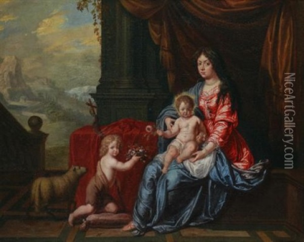 Portrait Of A Lady, Possibly Maria Luisa De Medici, In The Guise Of The Madonna With A Child, Beside Them The Infant Saint John The Baptist Oil Painting - Victor Honore Janssens