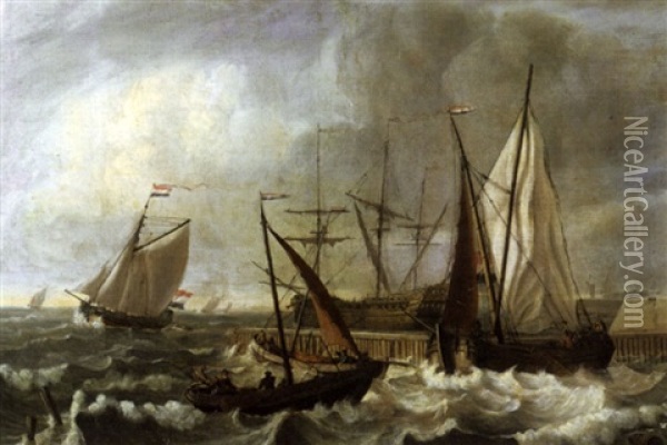 A Wijdschip, A Yacht, And A Man Of War Off A Jetty Oil Painting - Jan Claesz Rietschoof