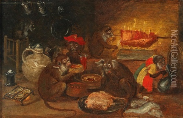 Monkeys Sharing A Meal Oil Painting - Abraham Teniers