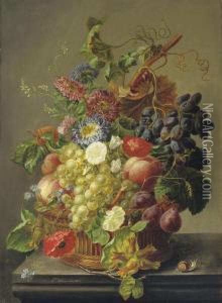 Summer Fruit And Flowers In A Basket Oil Painting - Elisabeth Worms Jacobber