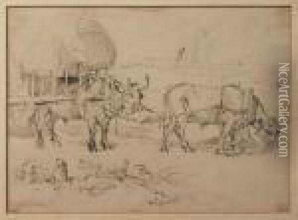 Study Of Oxen And A Cart Oil Painting - William Daniell RA