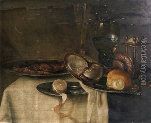 Banketje Mit Romer, Fisch Und Nautiluspokal Oil Painting - Maerten Boelema De Stomme