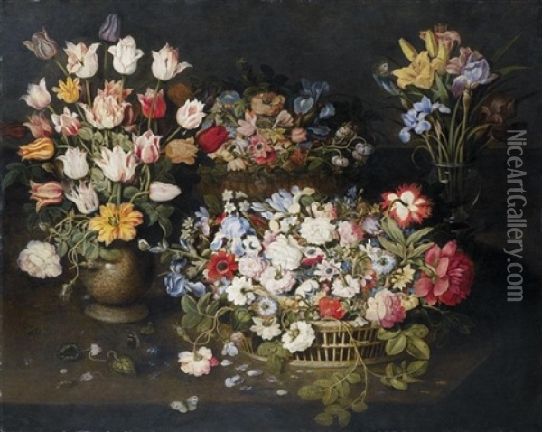 Still Life Of Tulips And An Apothecary's Rose In A Stoneware Vase, Irises And Lilies In A Glass Vase, Together With Roses, Lilies And Other Flowers In A Wicker Basket On A Table Top With Butterflies Oil Painting - Osias Beert the Elder