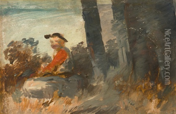 Junge Mit Rotem Wams In Landschaft Oil Painting - Wilhelm Busch