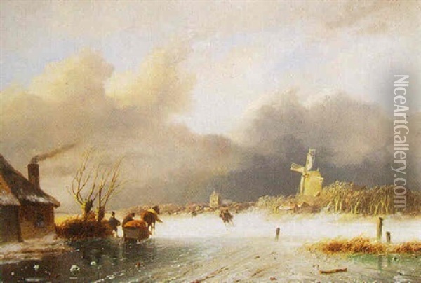 A Winter Landscape With Figures And A Horse-drawn Cart On A Frozen River Oil Painting - Nicolaas Johannes Roosenboom