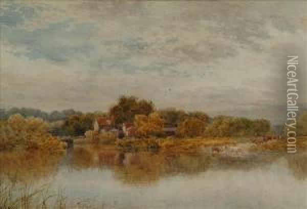 R.b.a Cattle Watering Byshiplake Mill Oil Painting - David Law