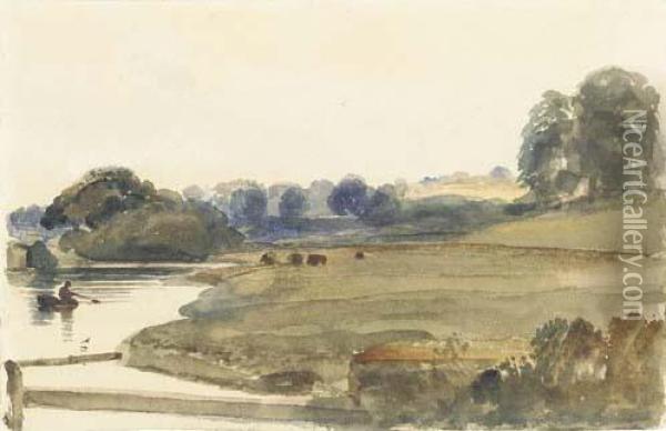 The Lake At Burghley House (recto); And Trees In An Extensive Wooded Landscape (verso) Oil Painting - Peter de Wint