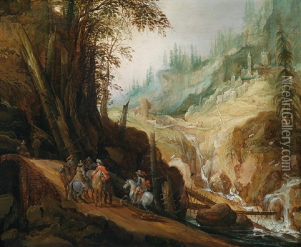 Felsige Landschaft Mit Reitern Oil Painting - Philips de Momper the Elder