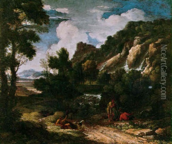 Figures With A Dog On A Path Near A Waterfall With An Extensive Landscape Beyond Oil Painting - Nicolas Poussin