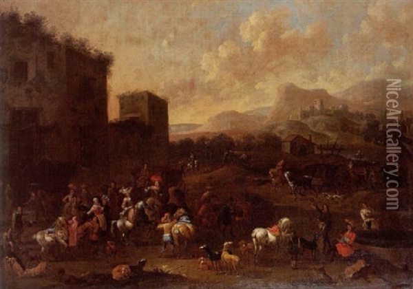 Une Reunion De Cavaliers Au Pied D'une Forteresse En Ruine Oil Painting - Pieter Bout