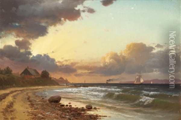 Abendstimmung In Der Bucht Mit Segelschiffen Am Horizont Oil Painting - Anders Christian Lunde