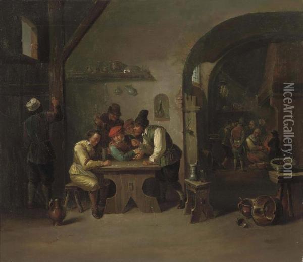 Figures Playing Games In A Tavern Oil Painting - David The Younger Teniers
