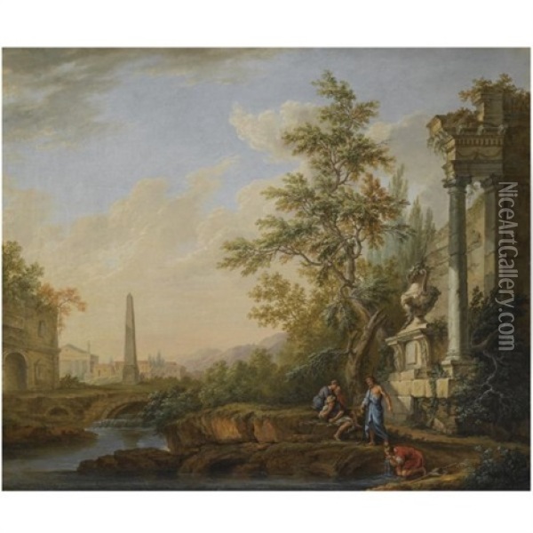 An Italianate Landscape With Figures Drinking From A River Beneath Classical Ruins, An Obelisk, A Roman Triumphal Arch And A Town Beyond Oil Painting - Lorens (Lars) Gottman