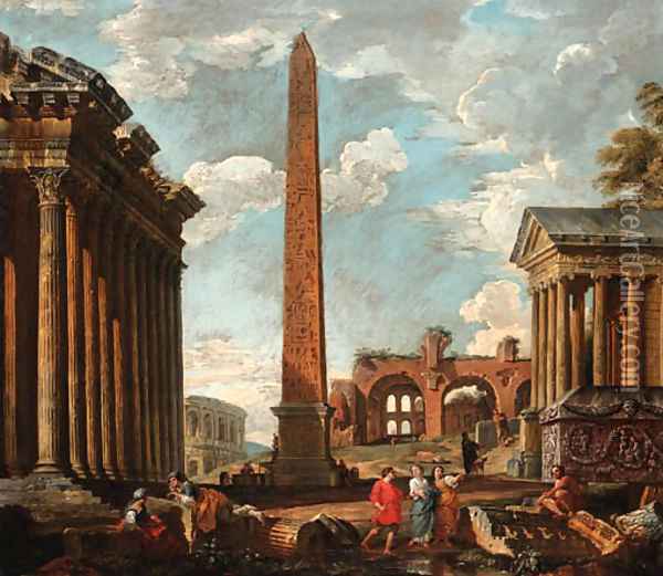 A capriccio of classical ruins with figures by the sarcophagus of Constantine, an obelisk Oil Painting - Giovanni Paolo Panini