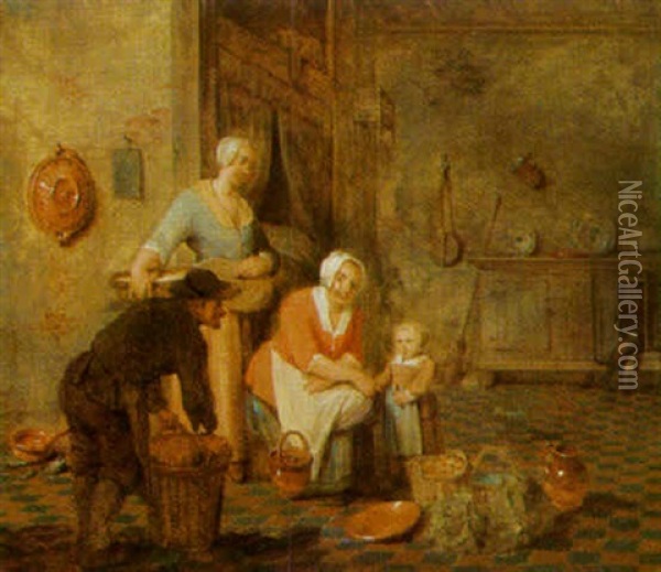Kitchen Interior With Peasants Oil Painting - Leonard de France