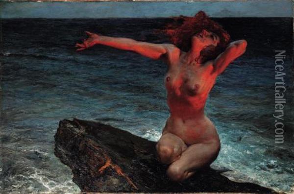 A Nude On The Beach
Oil On Board Oil Painting - Leopold Schmutzler