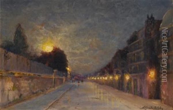 Moonlit Street Scene Oil Painting - Alfredo Helsby