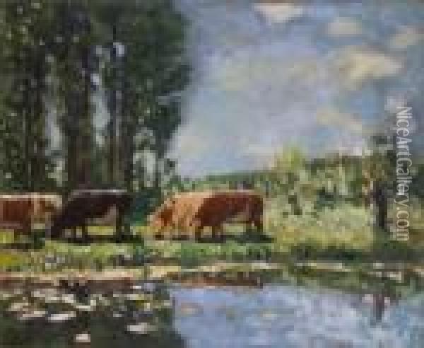 Vaches Au Bord D'un Etang Oil Painting - Pierre Eugene Montezin