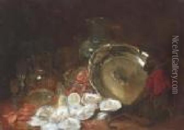 A Monkey Sitting By A Salver, 
Oysters And Shrimps, A Lemon, Variousglass Vessels And Plates On A Table Oil Painting - Charles Monginot