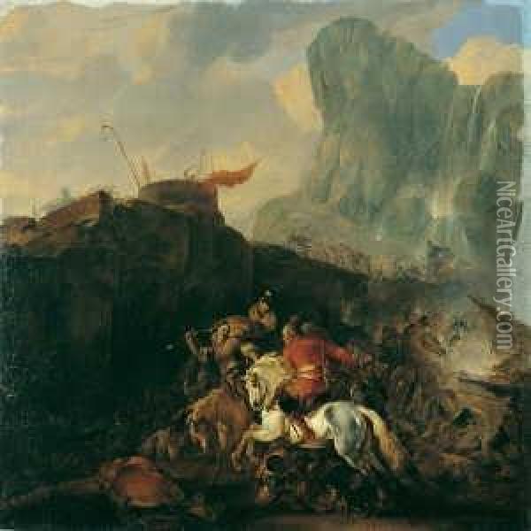 Ein Gefecht Zwischen Christen Und Osmanen Vor Einer Turkischen Festung. Oil Painting - Hermann Van Lin