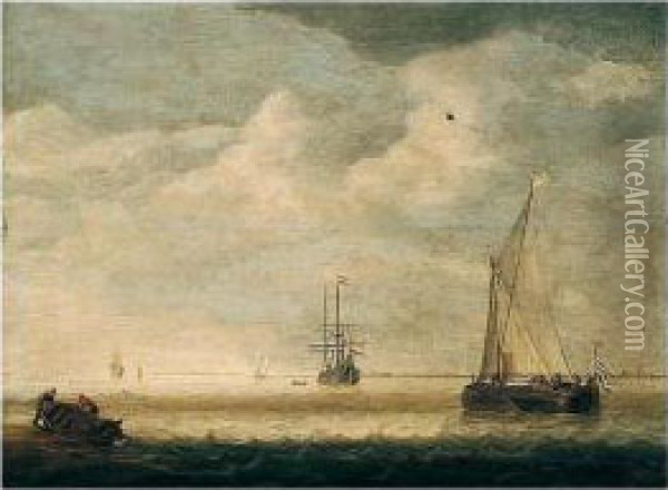 Dutch Coastal Vessels In A River
 Estuary With Fishermen Hauling Their Boat Ashore In The Foreground Oil Painting - Simon De Vlieger